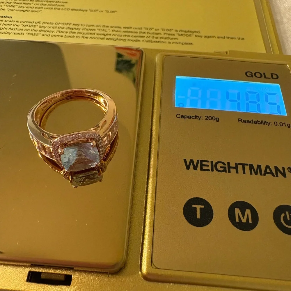 LeVian 14k Strawberry Gold Ring Blue stone surrounded by Diamonds & Baguettes - Picture 8 of 11